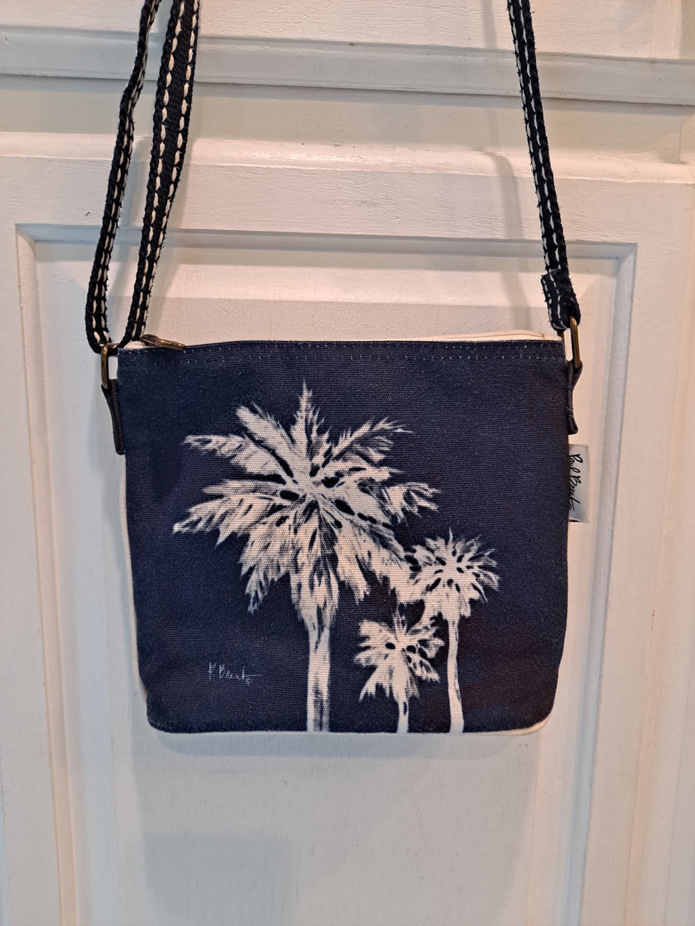 Paul Brent For Sun'n'Sand Canvas Cyano Palm Tree Crossbody Bag Navy White Y2k